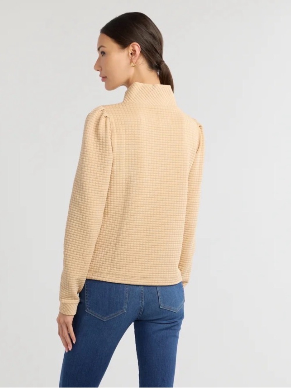 Dudley Stephens Sabrina Puff Sleeve Waffle Half Zip Pullover Hazelnut S - Picture 2 of 11